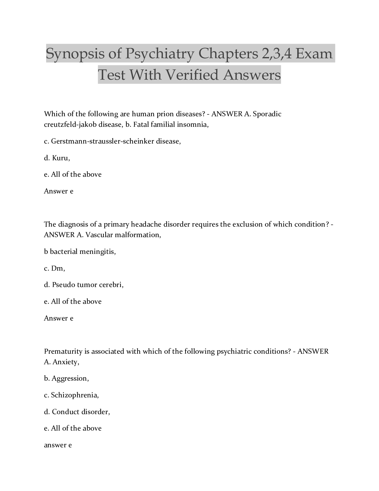 Preview image for Synopsis of Psychiatry Chapters 2,3,4 Exam Test With Verified Answers